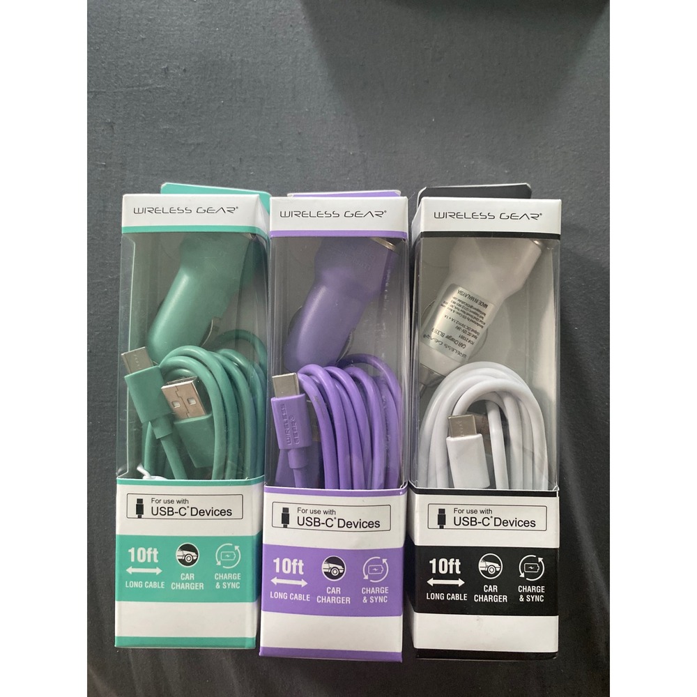 Wireless Gear 3pk USB-C Car Charger 10ft Cable Dual USB Port Teal Purple White